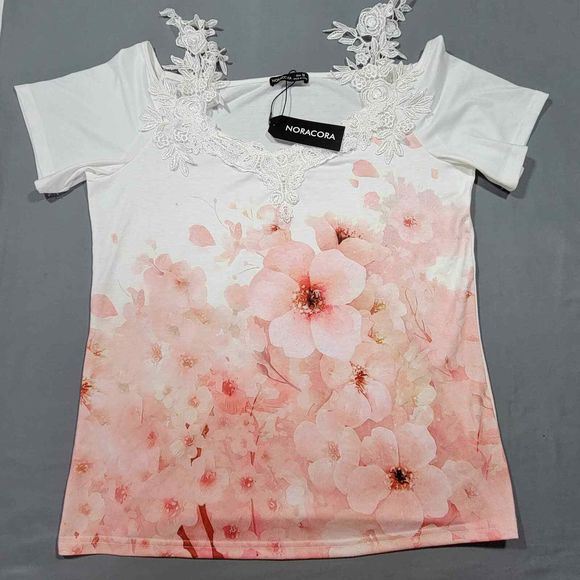 NORACORA Tops - Noracora Women Shirt Size M Pink Preppy Lace Dainty Floral Classic Short Sleeves